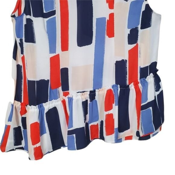 HALOGEN Womens Blouse Medium Sleeveless Color Block Sheer Peplum Ruffle Red Blue - Picture 6 of 8